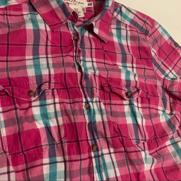 pink blue plaid short sleeve button up shirt - Picture 4 of 4